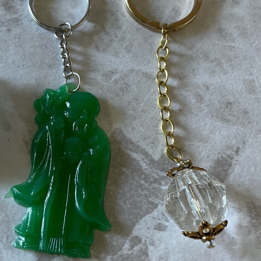 Acrylic Chinese Figures, Clear gold tone crystal keychain - 2 pcs